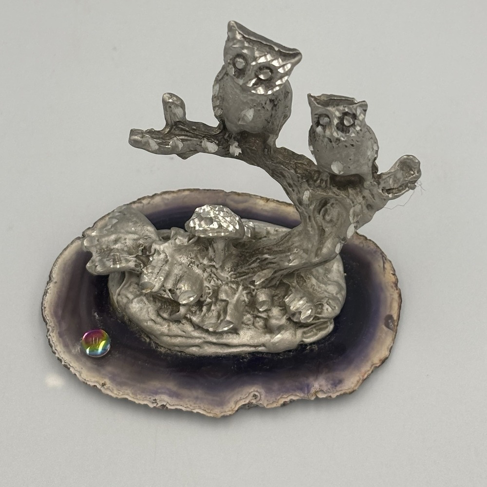 Vintage Pewter Owls On Branch with Mushrooms Figure on Purple Agate - Picture 5 of 16